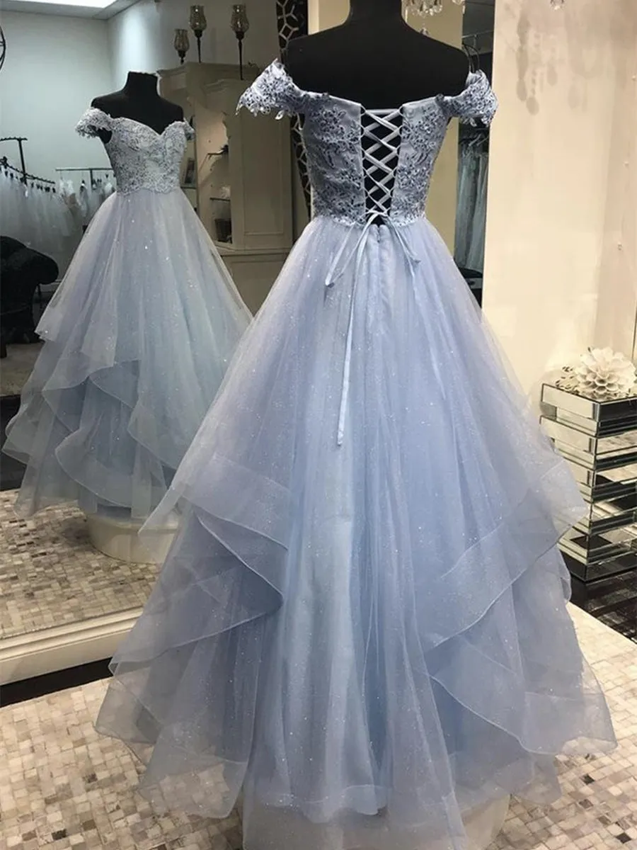 Sparkly Off Shoulder Blue Lace Long Prom, Off the Shoulder Blue Formal, Blue Lace Evening