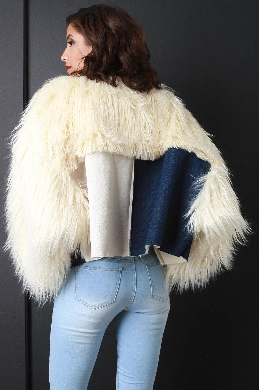 Suede And Denim Panel Fur Sleeves Coat