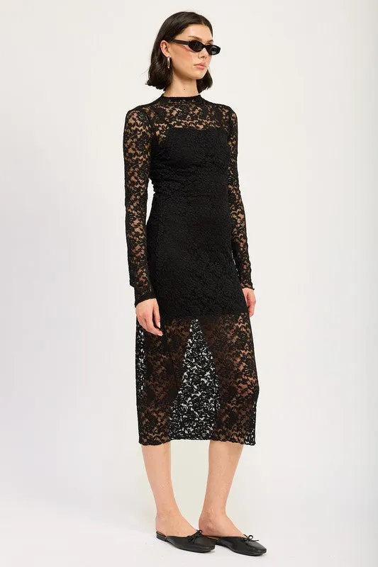 Tida Long Sleeve Mock Neck Lace Midi Dress Black