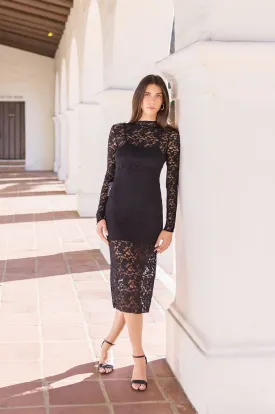 Tida Long Sleeve Mock Neck Lace Midi Dress Black