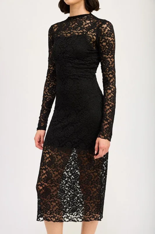 Tida Long Sleeve Mock Neck Lace Midi Dress Black