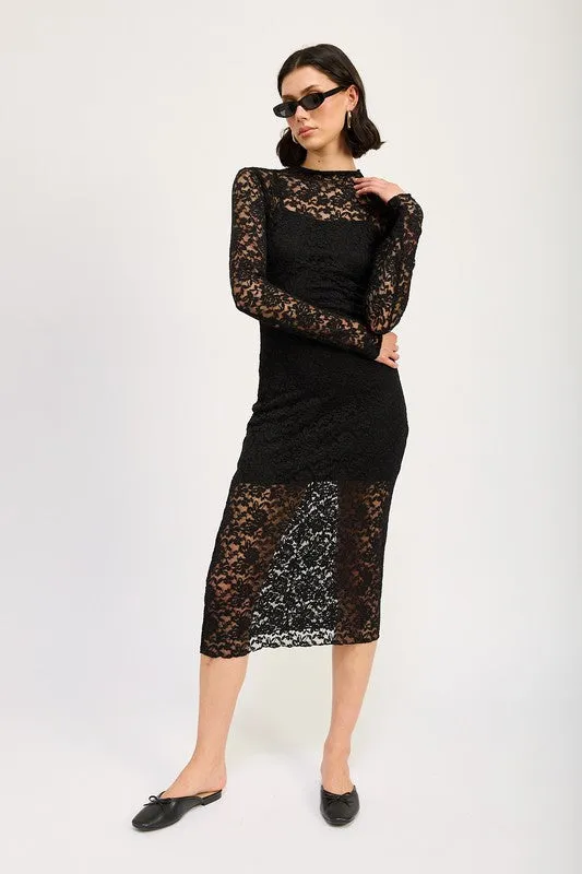 Tida Long Sleeve Mock Neck Lace Midi Dress Black