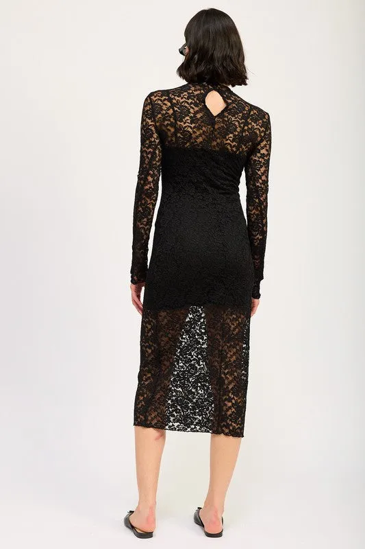 Tida Long Sleeve Mock Neck Lace Midi Dress Black